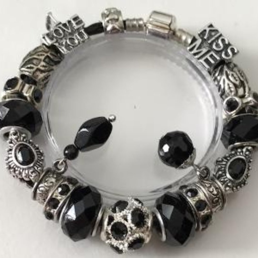 Black Leather Charm Bracelet With Tibetan Silver Sliding Beads, Snap Clasp, 7.5"